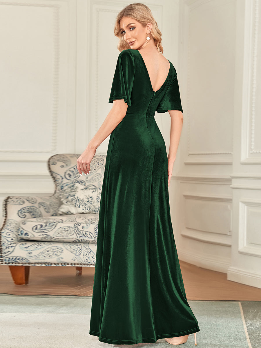 Color=Dark Green | Elegant Double V Neck Velvet Party Dress-Dark Green 2