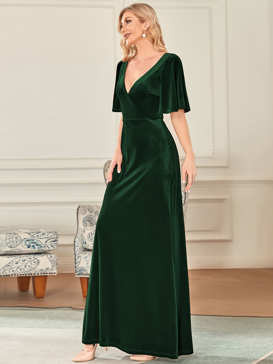 Color=Dark Green | Elegant Double V Neck Velvet Party Dress-Dark Green 3