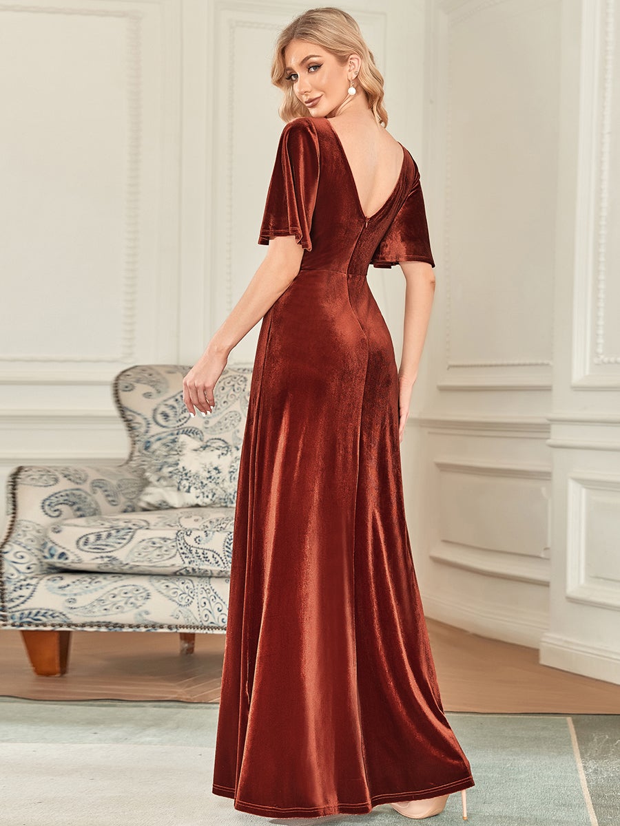 Color=Brick Red | Elegant Double V Neck Velvet Party Dress-Brick Red 2