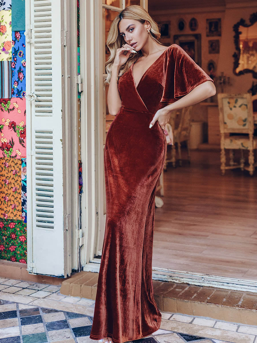 Color=Brick Red | Elegant Double V Neck Velvet Party Dress-Brick Red 3