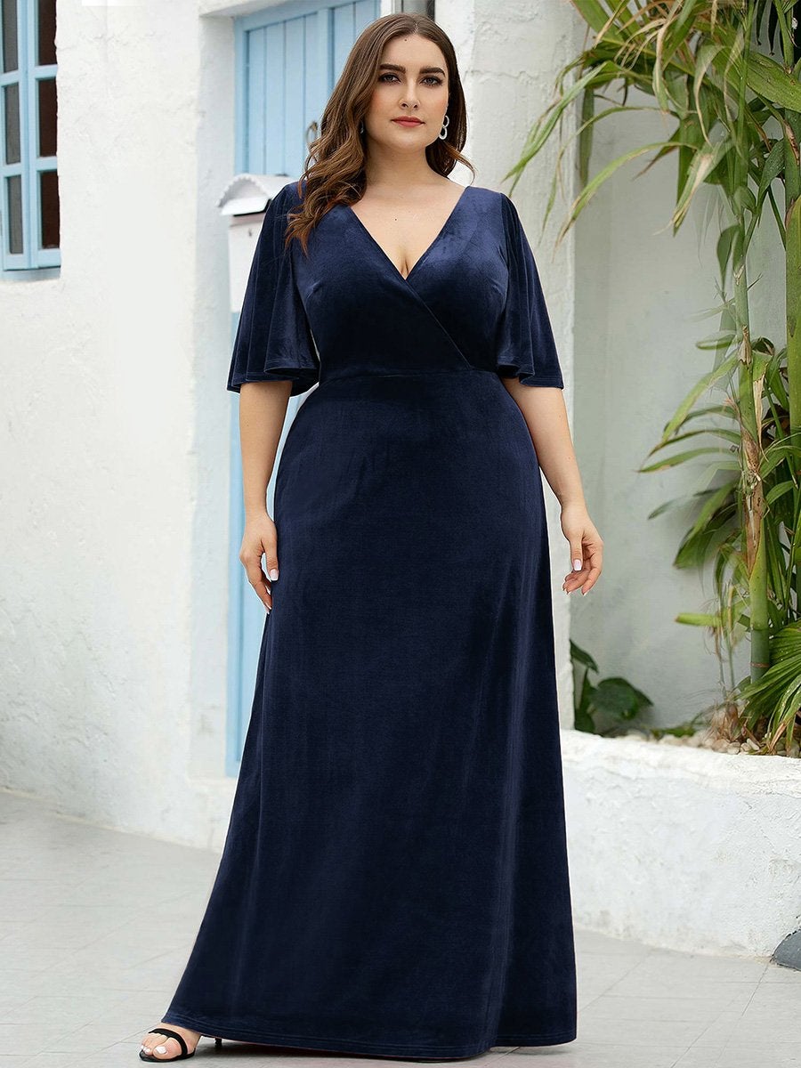 Color=Navy Blue | Elegant Double V Neck Velvet Party Dress-Navy Blue 3