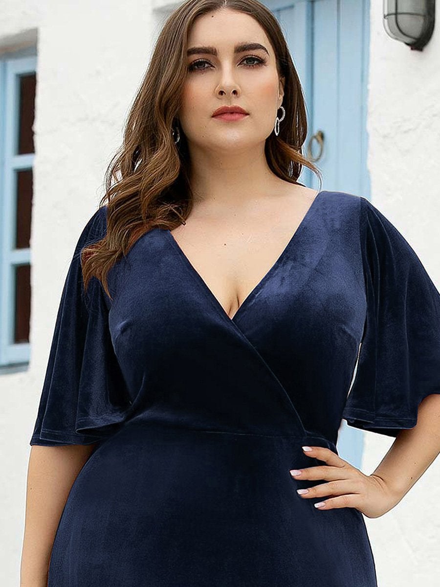 Color=Navy Blue | Elegant Double V Neck Velvet Party Dress-Navy Blue 5