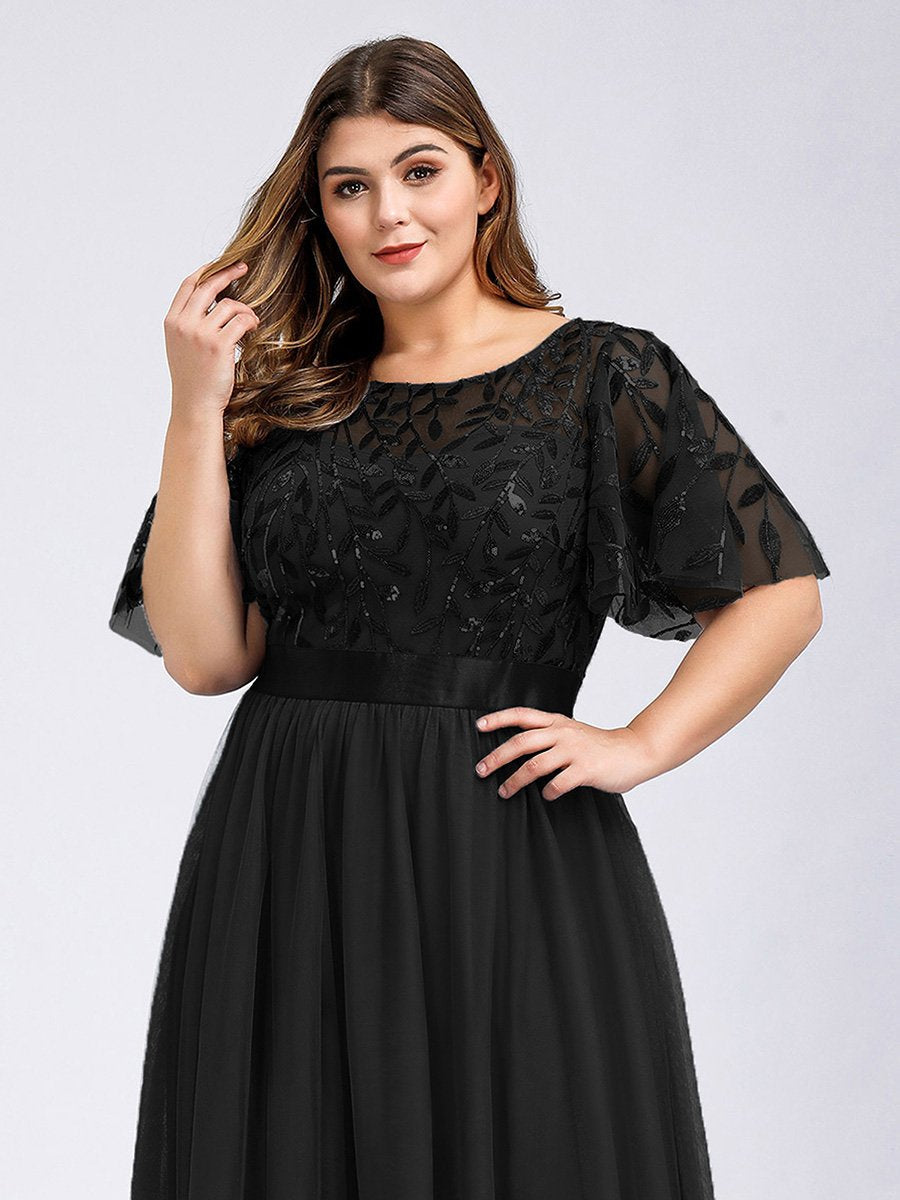 Color=Black | Sequin Print Plus Size Wholesale Evening Dresses With Cap Sleeve-Black 5