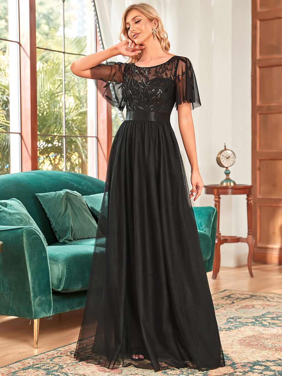Color=Black | Sequin Print Maxi Long Wholesale Evening Dresses With Cap Sleeve-Black 1