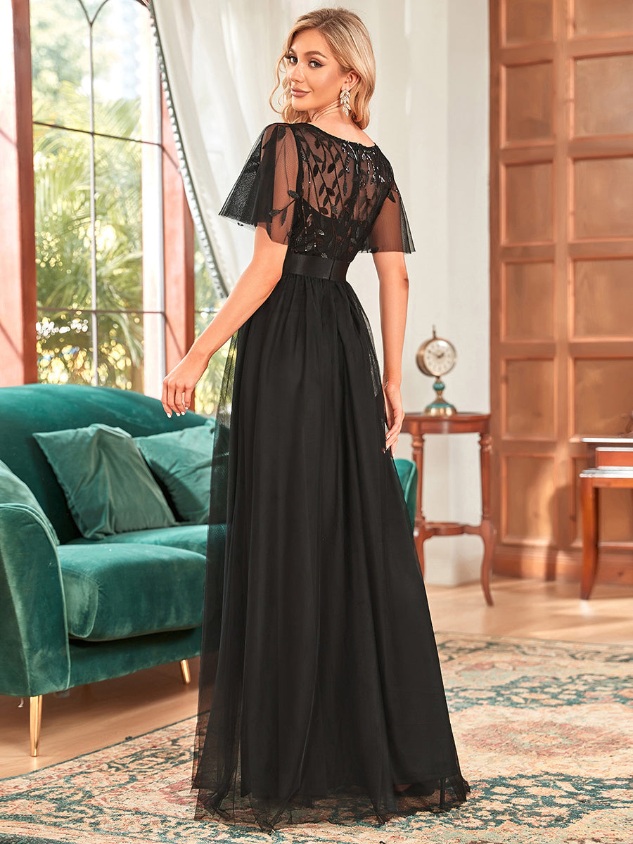 Color=Black | Sequin Print Maxi Long Wholesale Evening Dresses With Cap Sleeve-Black 2