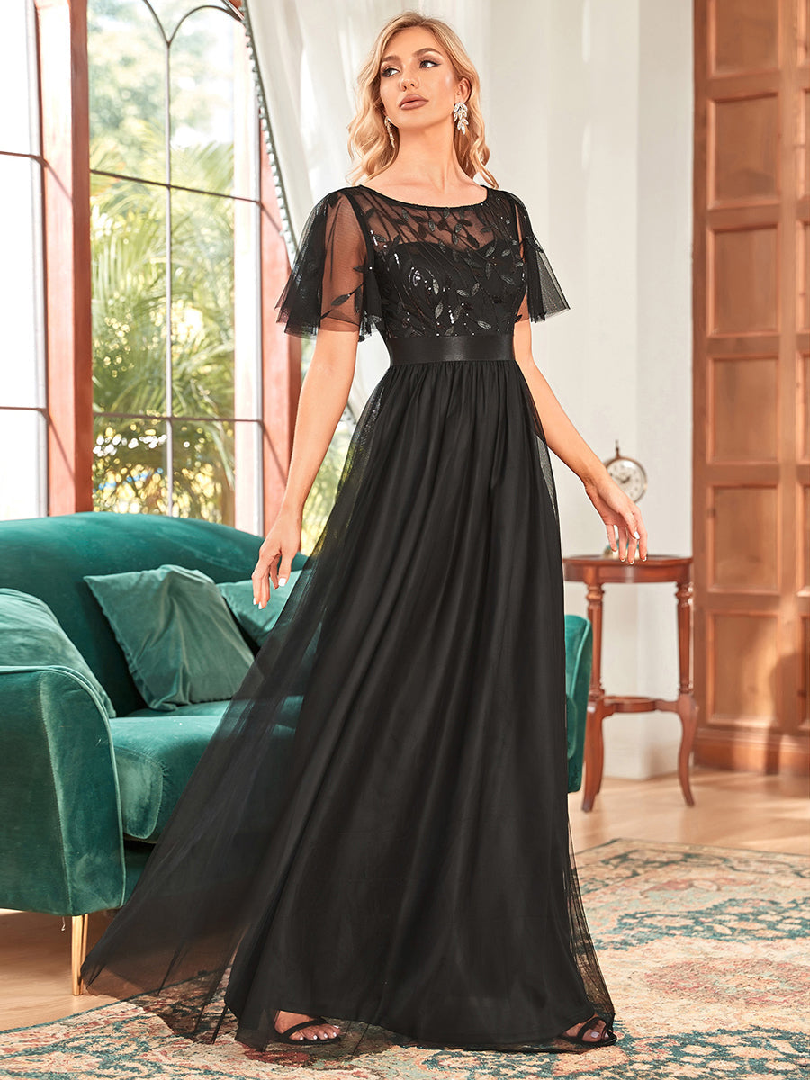 Color=Black | Sequin Print Maxi Long Wholesale Evening Dresses With Cap Sleeve-Black 3