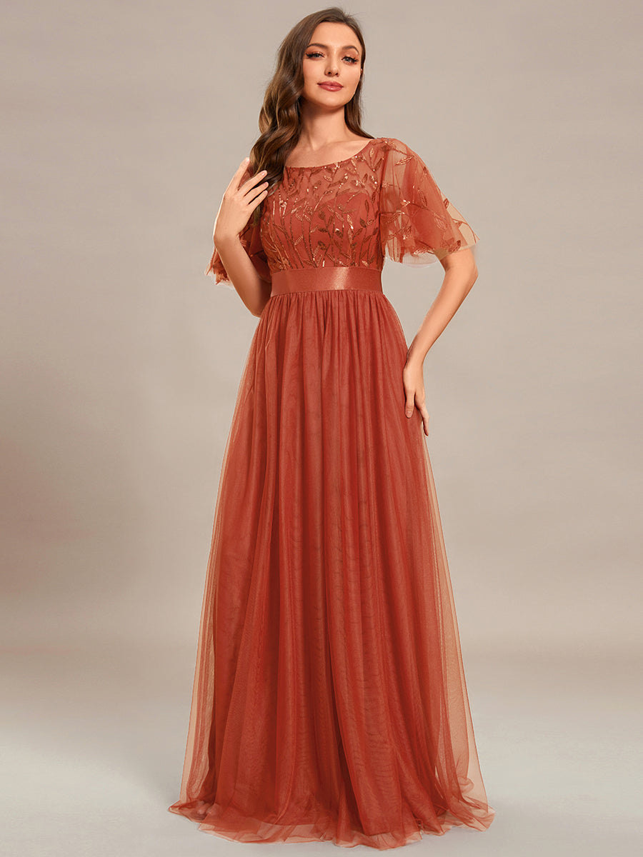 Color=Burnt Orange | Sequin Print Maxi Long Wholesale Evening Dresses with Cap Sleeve-Burnt Orange 4