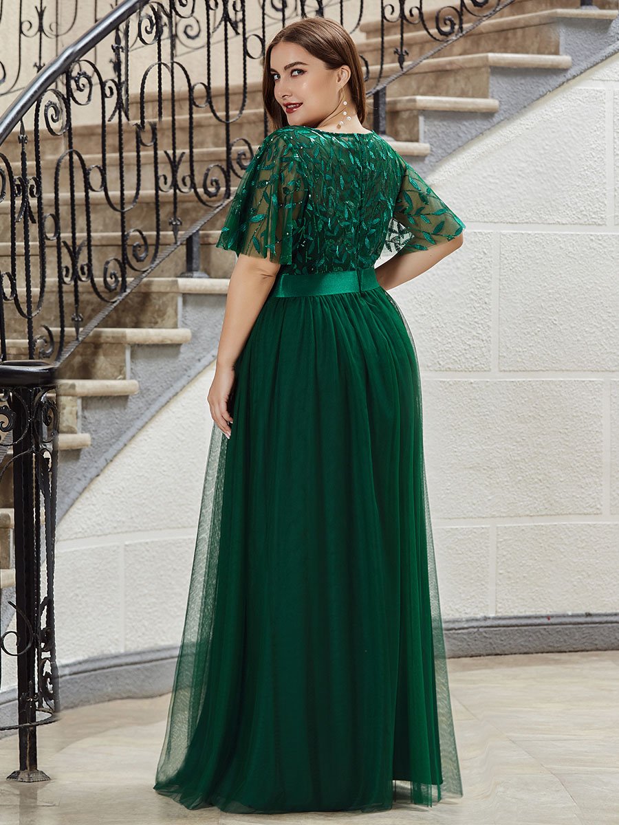 Color=Dark Green | Sequin Print Plus Size Wholesale Evening Dresses With Cap Sleeve-Dark Green 2