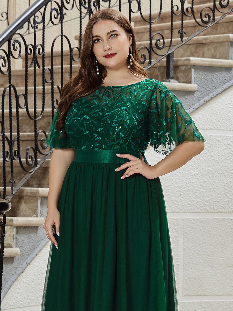 Color=Dark Green | Sequin Print Plus Size Wholesale Evening Dresses With Cap Sleeve-Dark Green 5