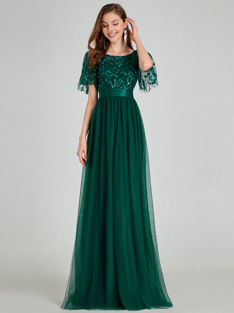 Color=Dark Green | Sequin Print Maxi Long Wholesale Evening Dresses With Cap Sleeve-Dark Green 5