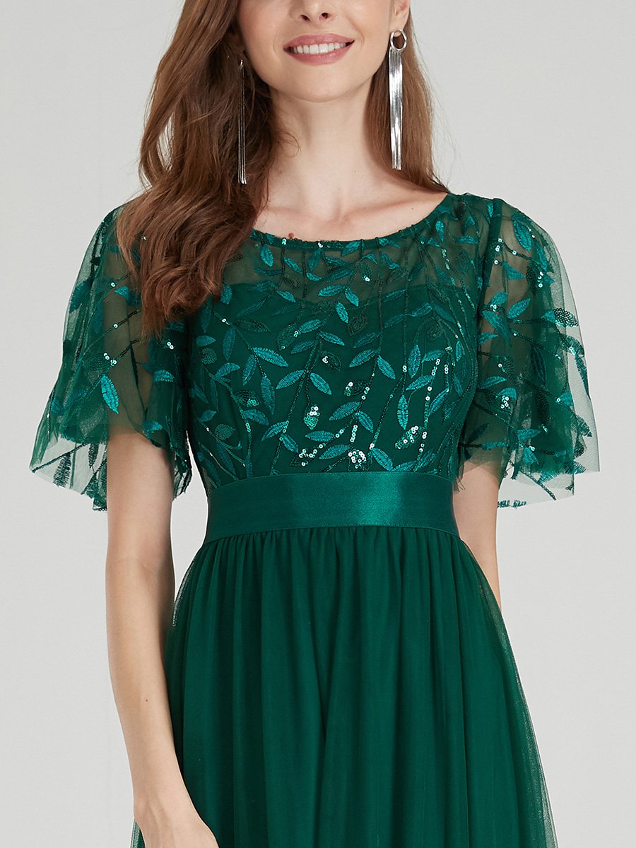 Color=Dark Green | Sequin Print Maxi Long Wholesale Evening Dresses With Cap Sleeve-Dark Green 6