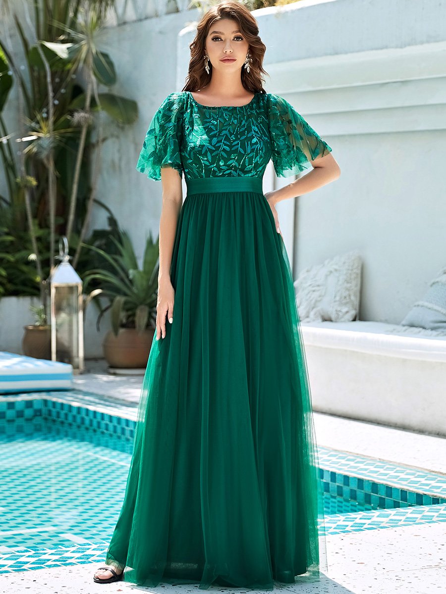 Color=Dark Green | Sequin Print Maxi Long Wholesale Evening Dresses With Cap Sleeve-Dark Green 1