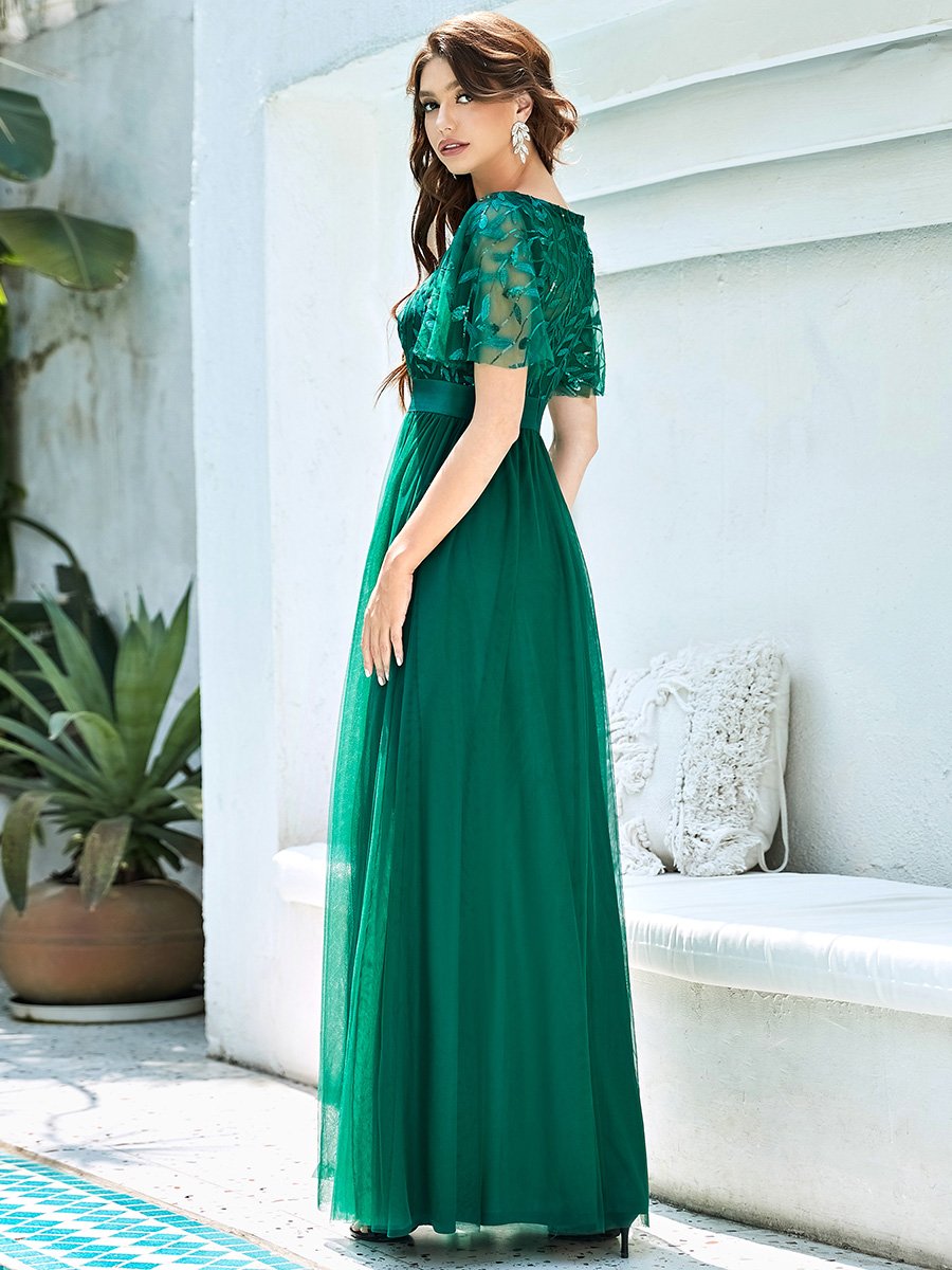 Color=Dark Green | Sequin Print Maxi Long Wholesale Evening Dresses With Cap Sleeve-Dark Green 2