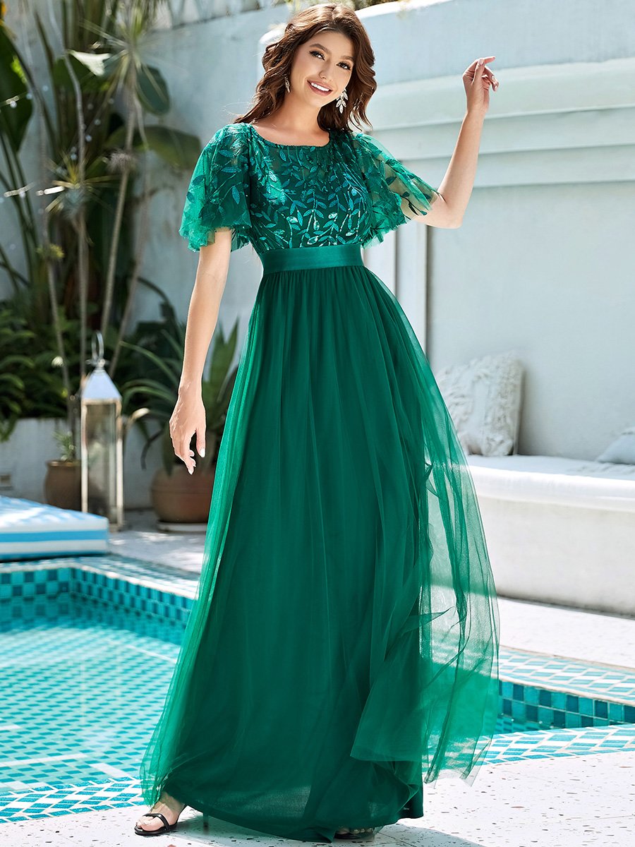 Color=Dark Green | Sequin Print Maxi Long Wholesale Evening Dresses With Cap Sleeve-Dark Green 3