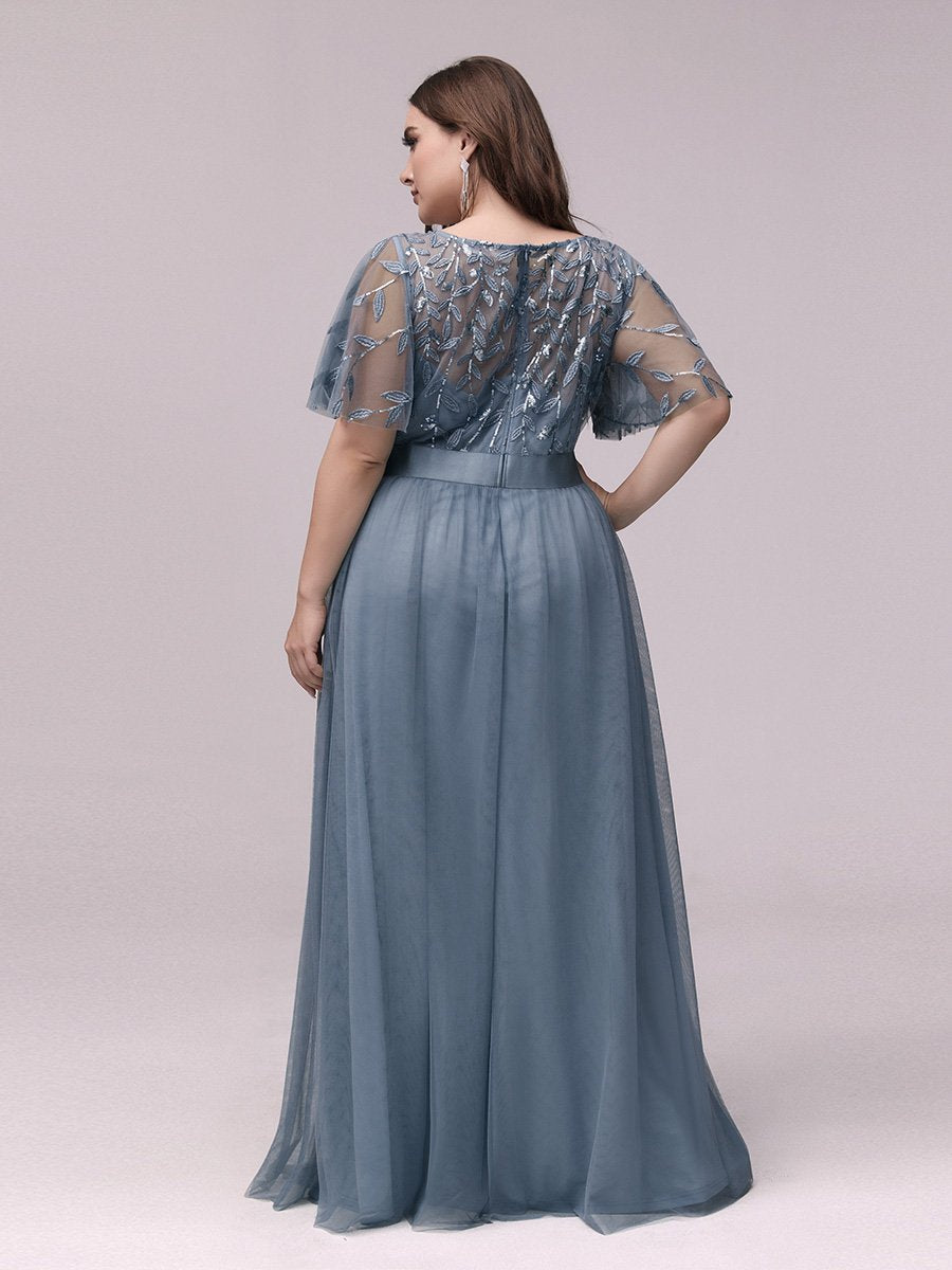 Color=Dusty Navy | Sequin Print Plus Size Wholesale Evening Dresses With Cap Sleeve-Dusty Navy 2