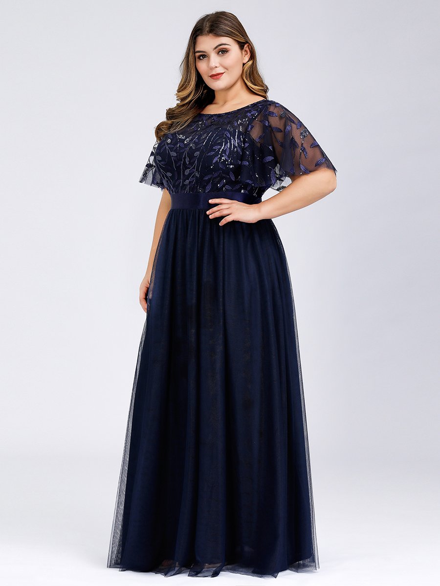 Color=Navy Blue | Sequin Print Plus Size Wholesale Evening Dresses With Cap Sleeve-Navy Blue 3