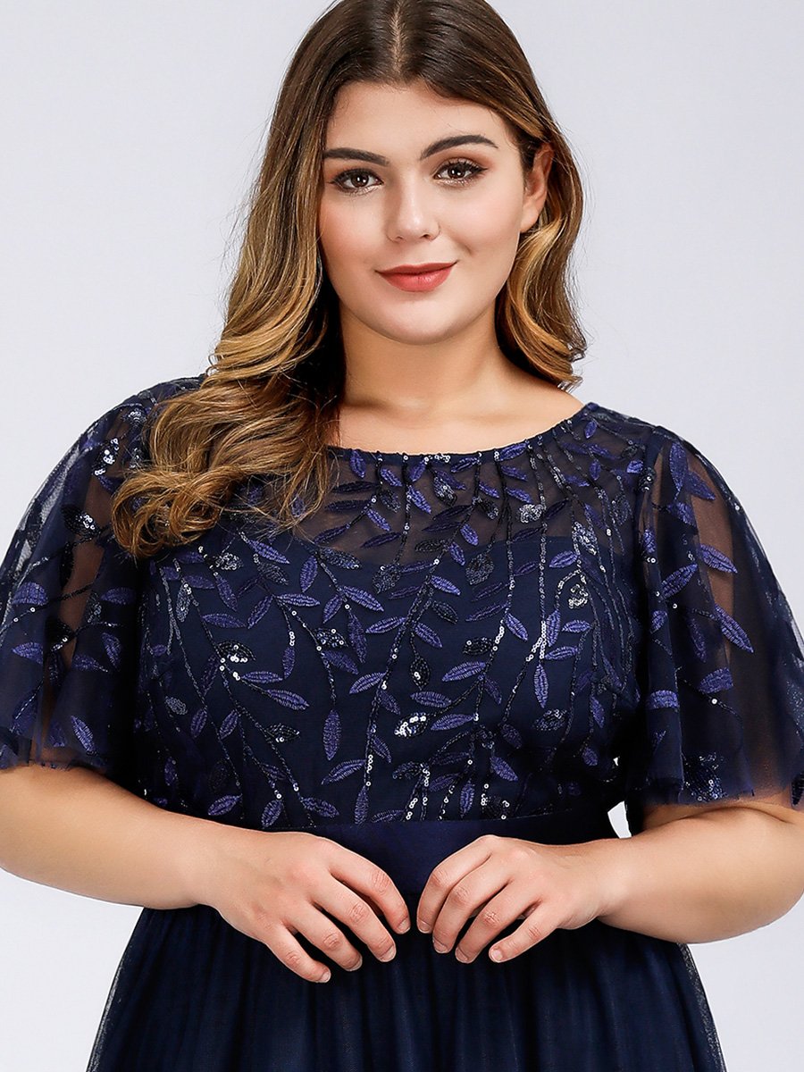 Color=Navy Blue | Sequin Print Plus Size Wholesale Evening Dresses With Cap Sleeve-Navy Blue 5