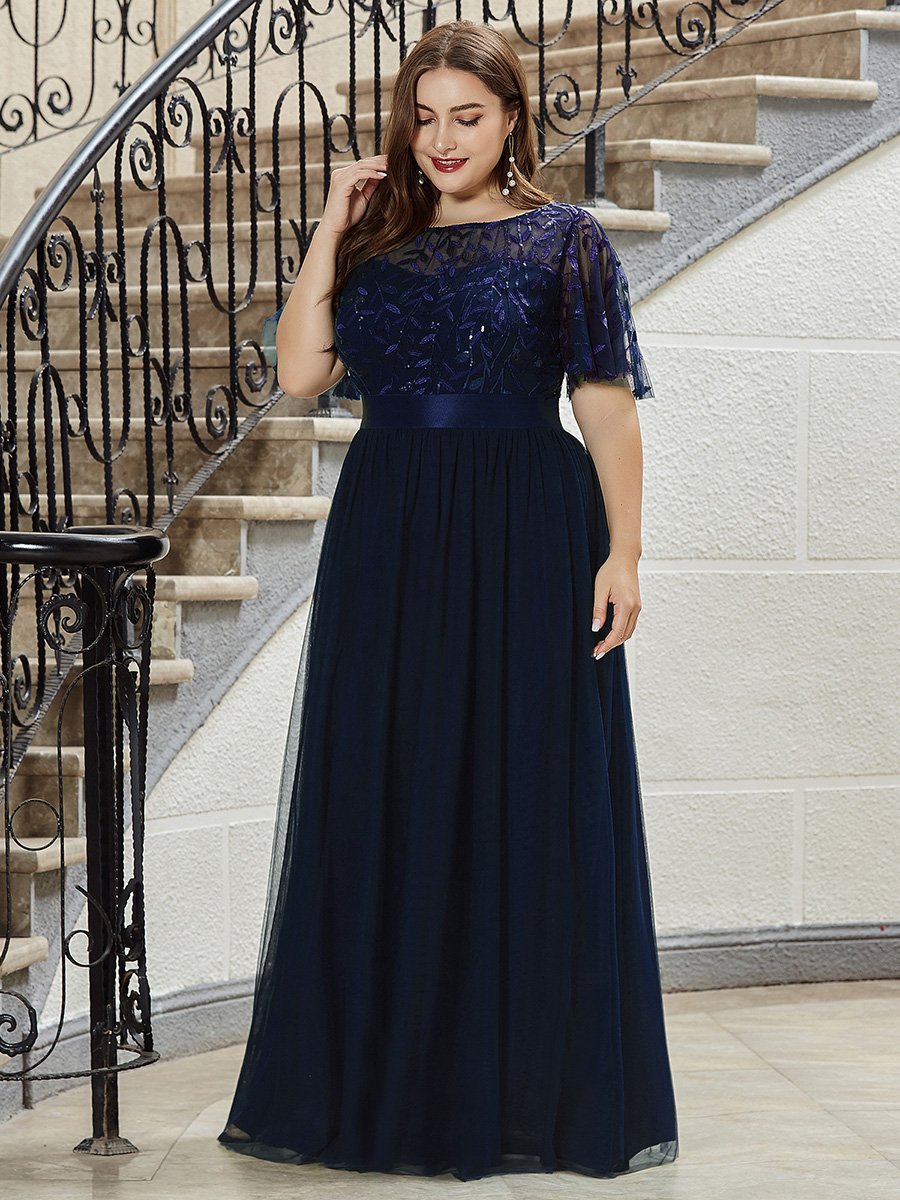 Color=Navy Blue | Sequin Print Plus Size Wholesale Evening Dresses With Cap Sleeve-Navy Blue 6