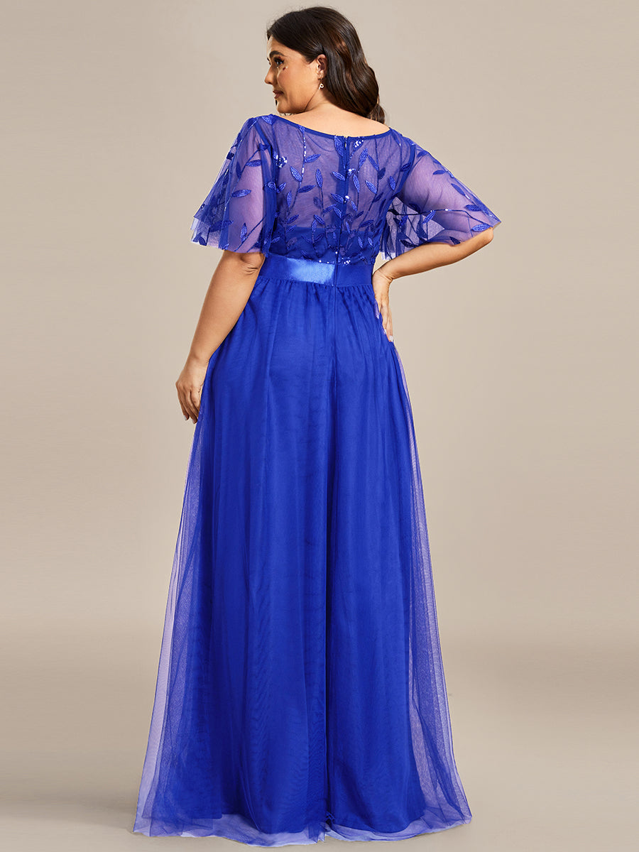 Color=Sapphire Blue | Sequin Print Plus Size Wholesale Evening Dresses with Cap Sleeve-Sapphire Blue 2
