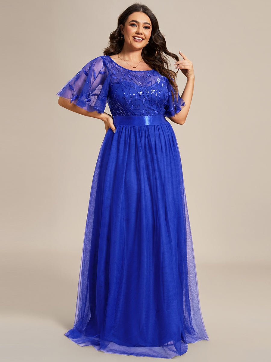 Color=Sapphire Blue | Sequin Print Plus Size Wholesale Evening Dresses with Cap Sleeve-Sapphire Blue 3