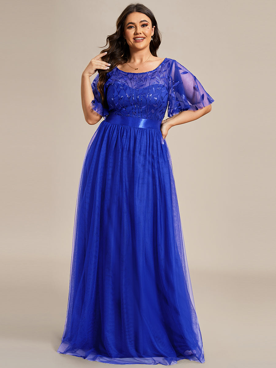 Color=Sapphire Blue | Sequin Print Plus Size Wholesale Evening Dresses with Cap Sleeve-Sapphire Blue 4