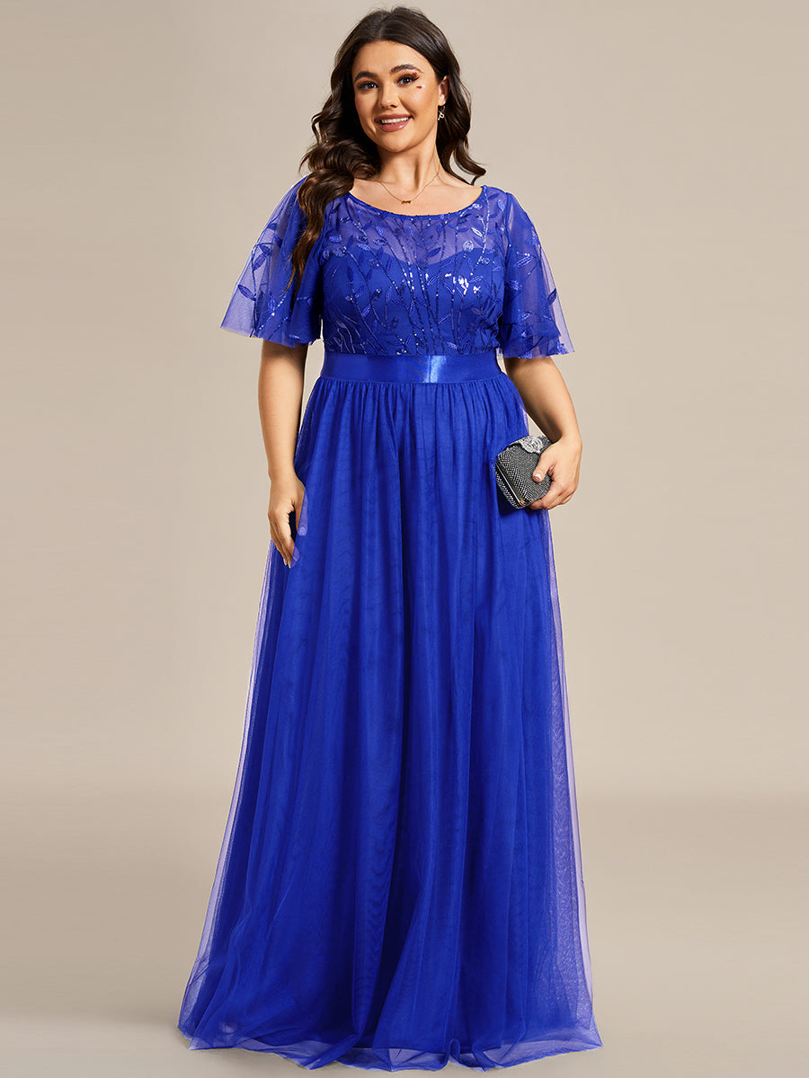 Color=Sapphire Blue | Sequin Print Plus Size Wholesale Evening Dresses with Cap Sleeve-Sapphire Blue 1