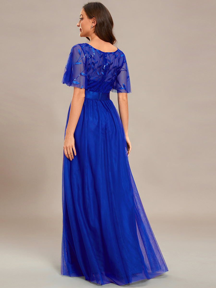 Color=Sapphire Blue | Sequin Print Maxi Long Wholesale Evening Dresses with Cap Sleeve-Sapphire Blue 2