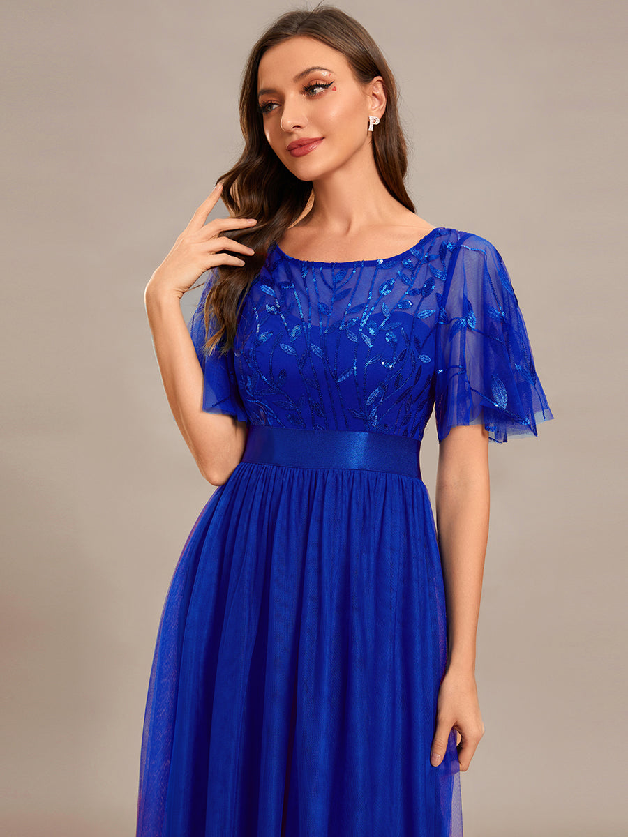 Color=Sapphire Blue | Sequin Print Maxi Long Wholesale Evening Dresses with Cap Sleeve-Sapphire Blue 5