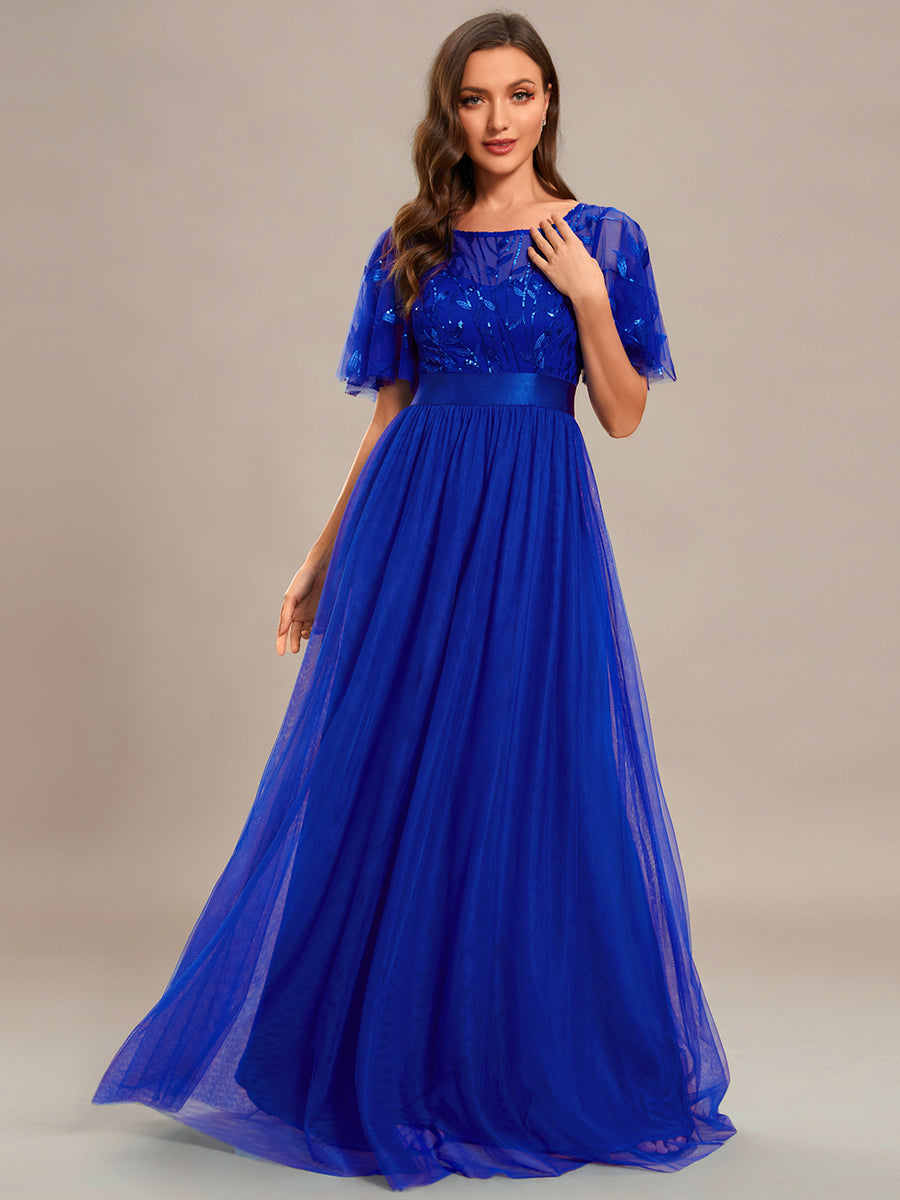 Color=Sapphire Blue | Sequin Print Maxi Long Wholesale Evening Dresses with Cap Sleeve-Sapphire Blue 1