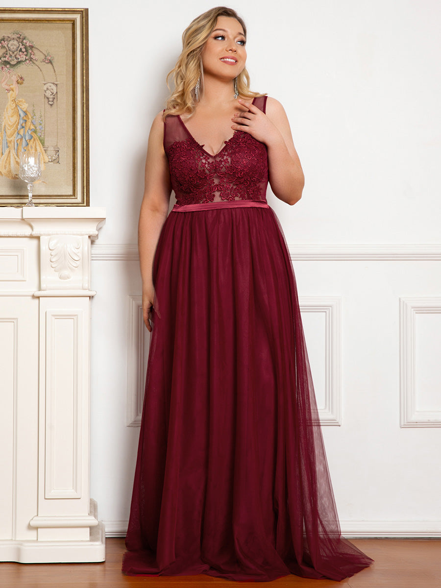 Color=Burgundy | Plus Size Women'S A-Line V-Neck Floral Lace Appliques Bridesmaid Dresses Ep00930-Burgundy 2
