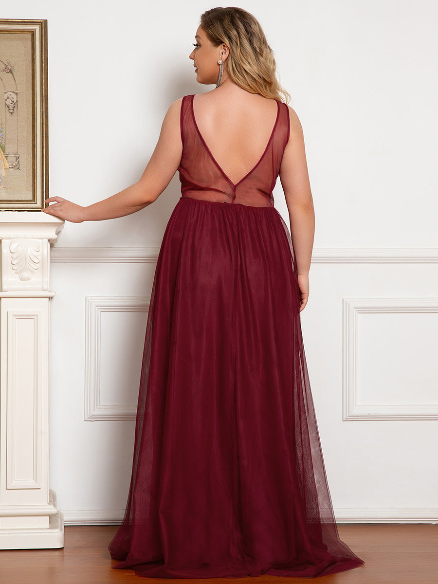 Color=Burgundy | Plus Size Women'S A-Line V-Neck Floral Lace Appliques Bridesmaid Dresses Ep00930-Burgundy 3
