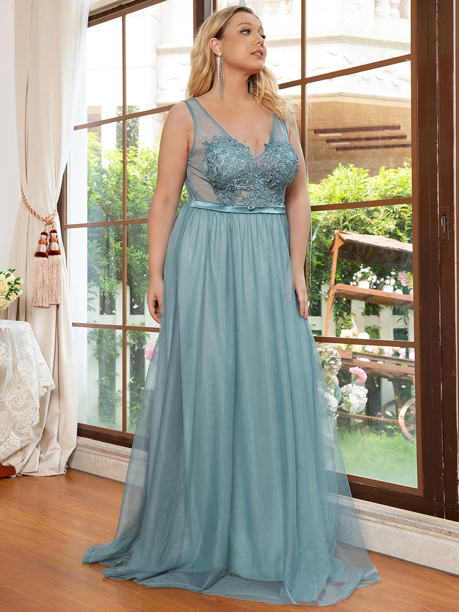 Color=Dusty blue | Plus Size Women'S A-Line V-Neck Floral Lace Appliques Bridesmaid Dresses Ep00930-Dusty blue 4