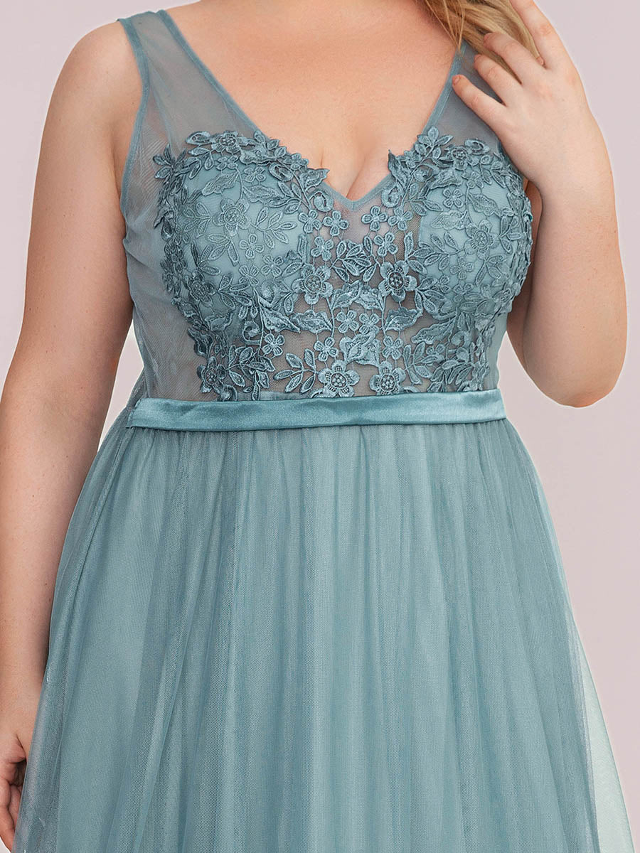 Color=Dusty blue | Plus Size Women'S A-Line V-Neck Floral Lace Appliques Bridesmaid Dresses Ep00930-Dusty blue 5