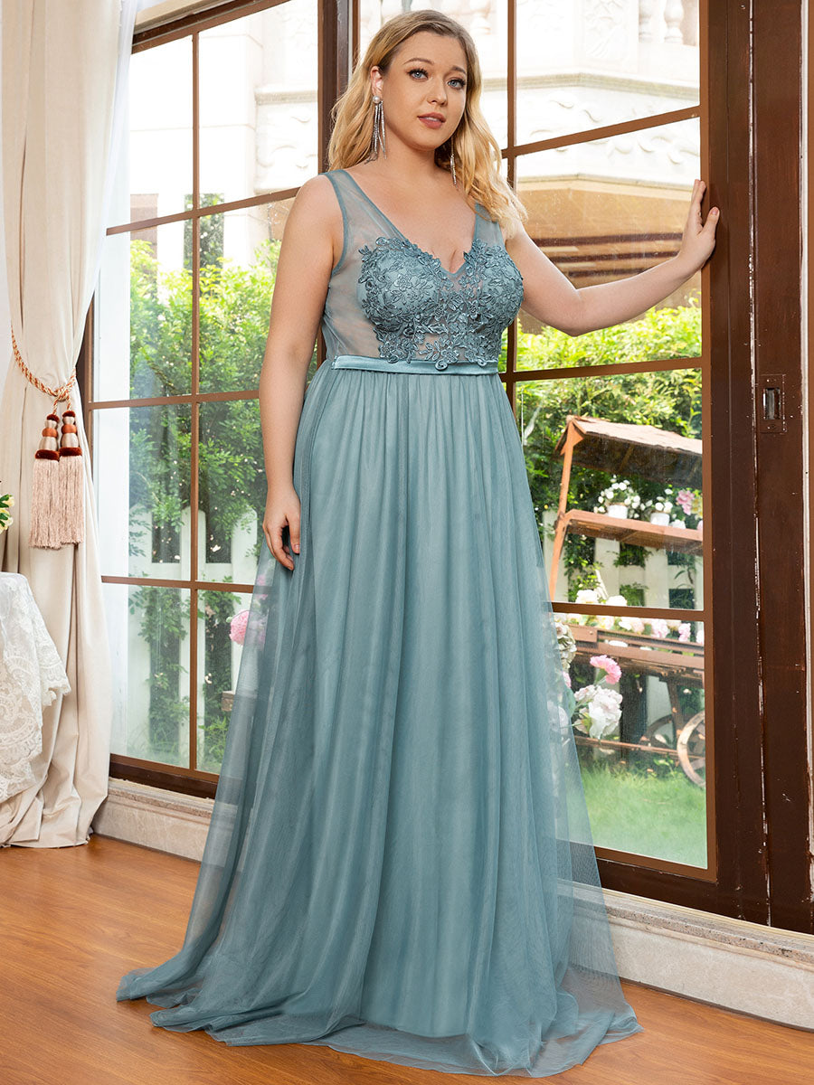 Color=Dusty blue | Plus Size Women'S A-Line V-Neck Floral Lace Appliques Bridesmaid Dresses Ep00930-Dusty blue 3