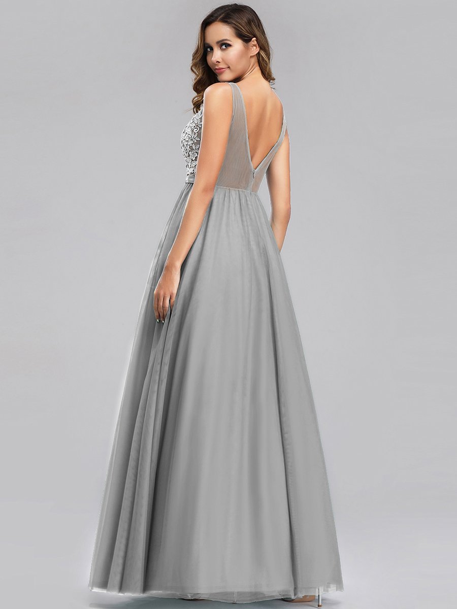 Color=Grey | Women'S A-Line V-Neck Floral Lace Appliques Bridesmaid Dresses Ep00930-Grey 2