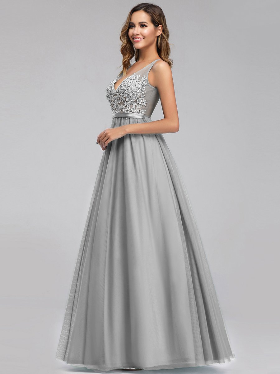 Color=Grey | Women'S A-Line V-Neck Floral Lace Appliques Bridesmaid Dresses Ep00930-Grey 3