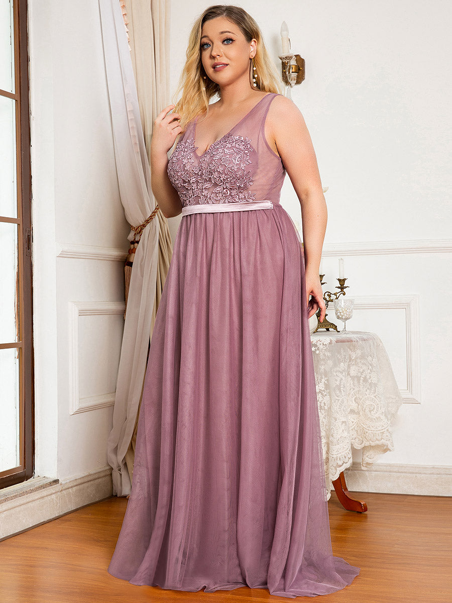 Color=Orchid | Plus Size Women'S A-Line V-Neck Floral Lace Appliques Bridesmaid Dresses Ep00930-Orchid 1