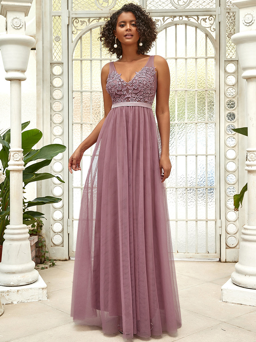 Color=Orchid | Women'S A-Line V-Neck Floral Lace Appliques Bridesmaid Dress-Orchid 1