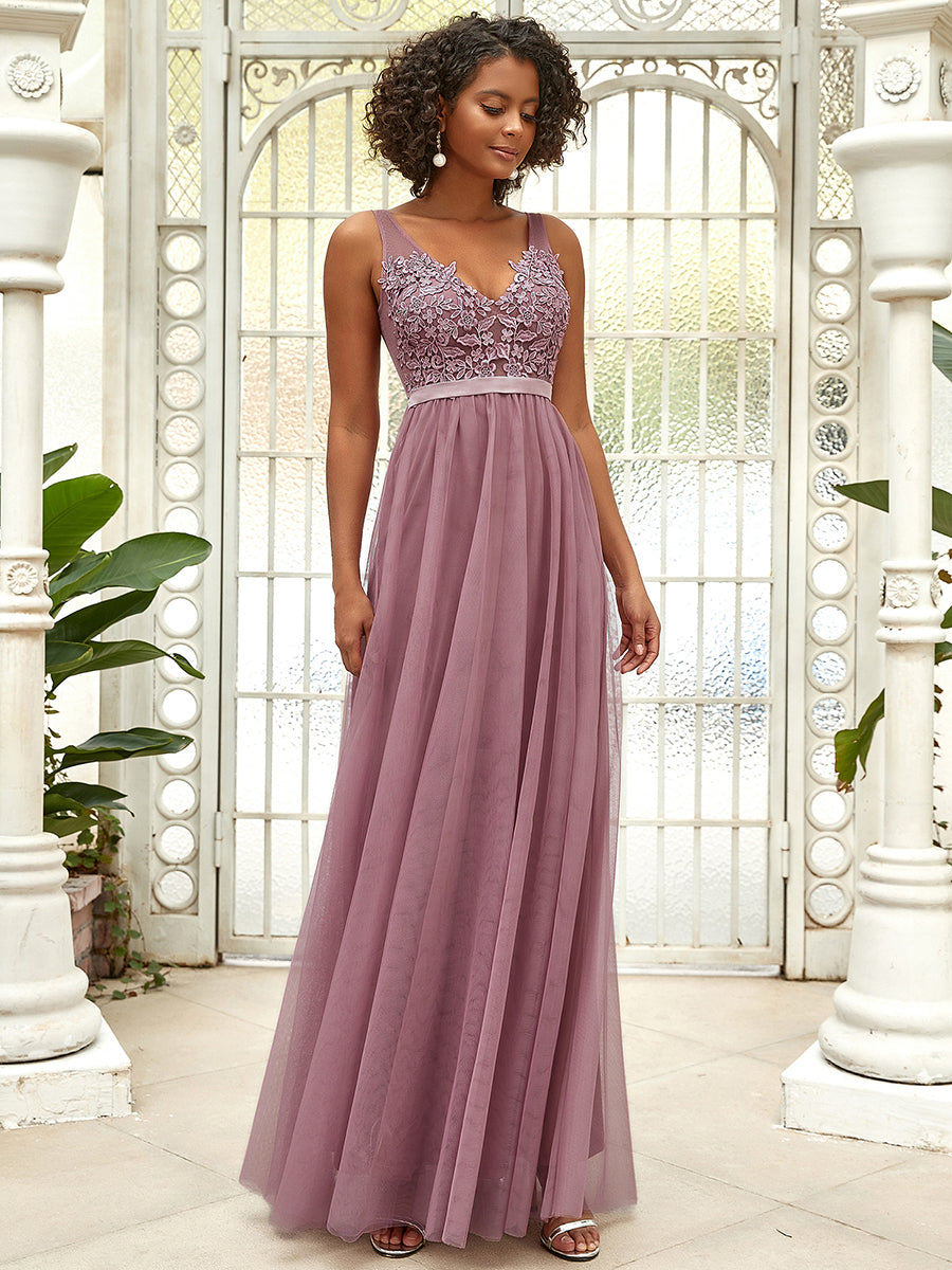 Color=Orchid | Women'S A-Line V-Neck Floral Lace Appliques Bridesmaid Dress-Orchid 4
