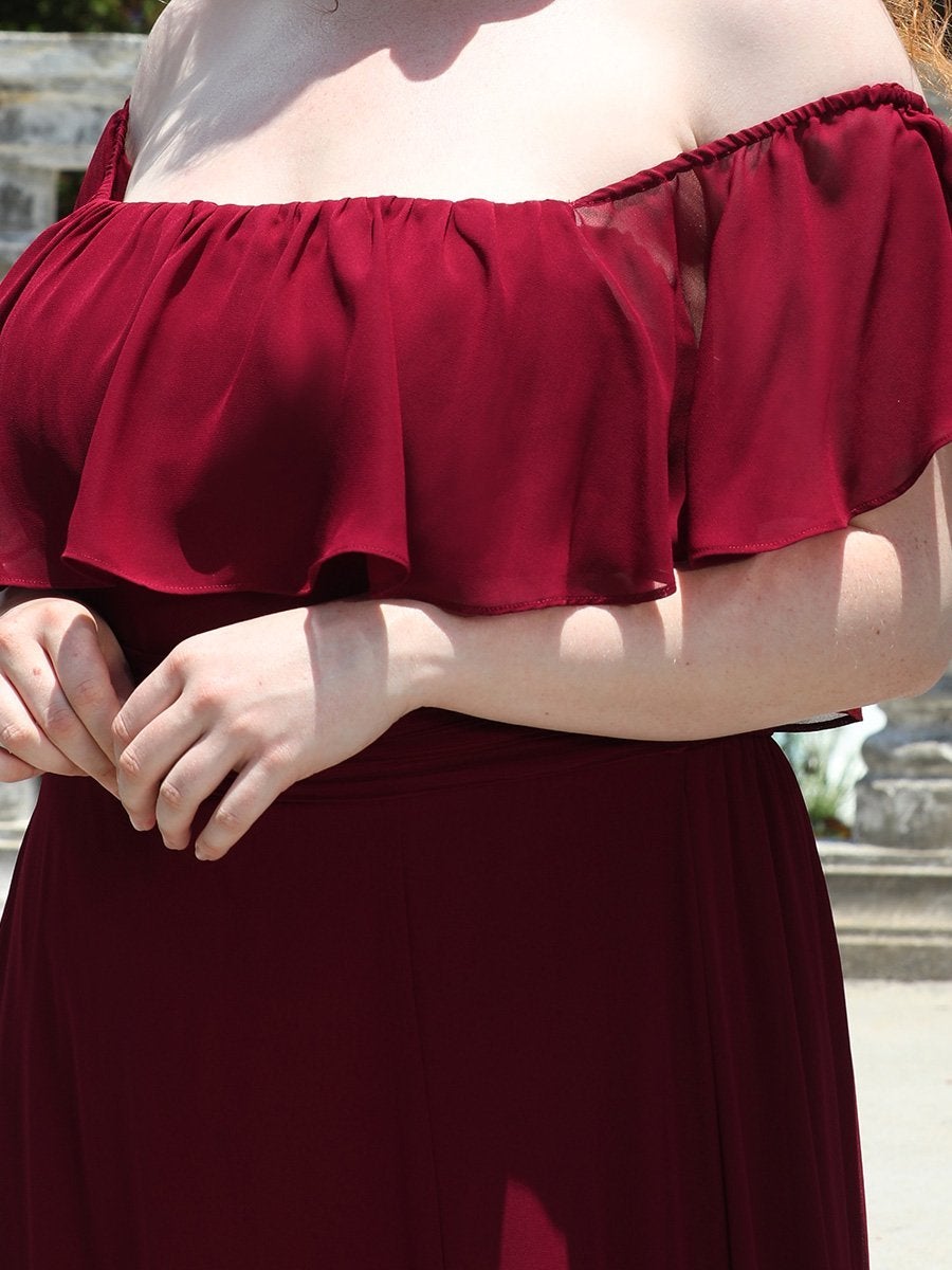 Color=Burgundy | Plus Size Women'S A-Line Off Shoulder Ruffle Thigh Split Bridesmaid Dresses Ep00968-Burgundy 4