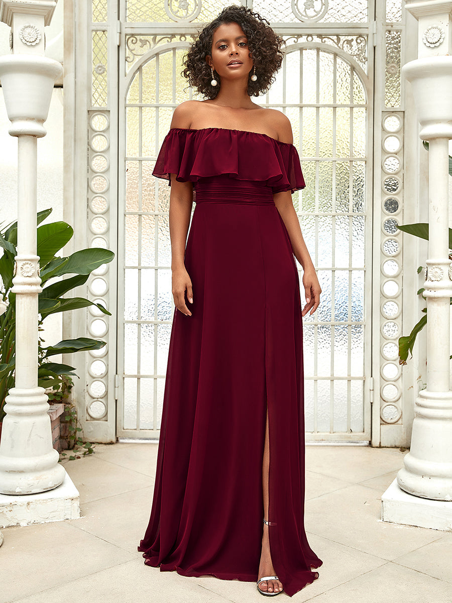 Color=Burgundy | Women'S A-Line Off Shoulder Ruffle Thigh Split Bridesmaid Dress-Burgundy 1