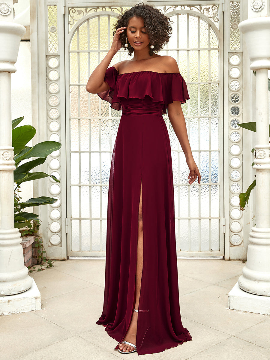 Color=Burgundy | Women'S A-Line Off Shoulder Ruffle Thigh Split Bridesmaid Dress-Burgundy 4