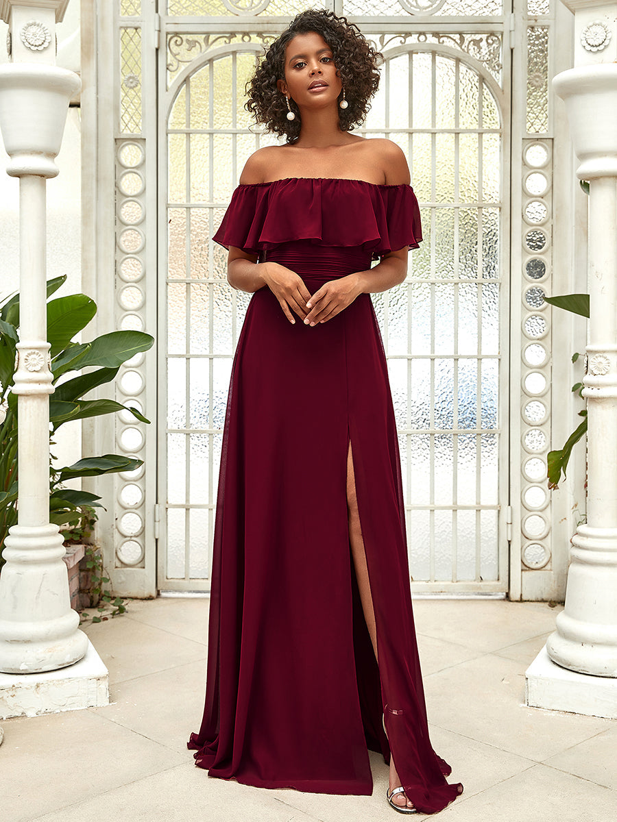 Color=Burgundy | Women'S A-Line Off Shoulder Ruffle Thigh Split Bridesmaid Dress-Burgundy 5
