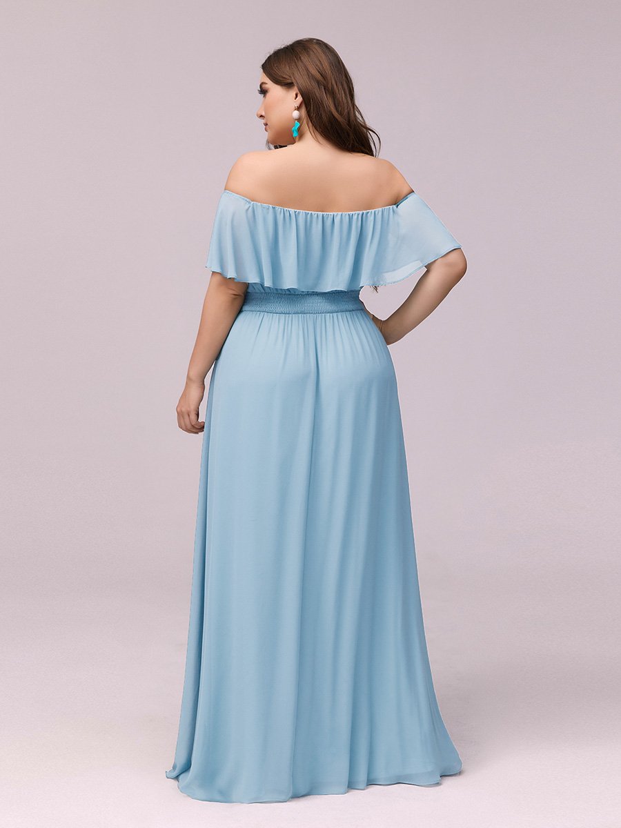 Color=Sky Blue | Women'S A-Line Off Shoulder Ruffle Thigh Split Bridesmaid Dress-Sky Blue 7