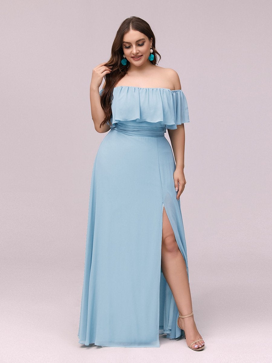 Color=Sky Blue | Women'S A-Line Off Shoulder Ruffle Thigh Split Bridesmaid Dress-Sky Blue 4