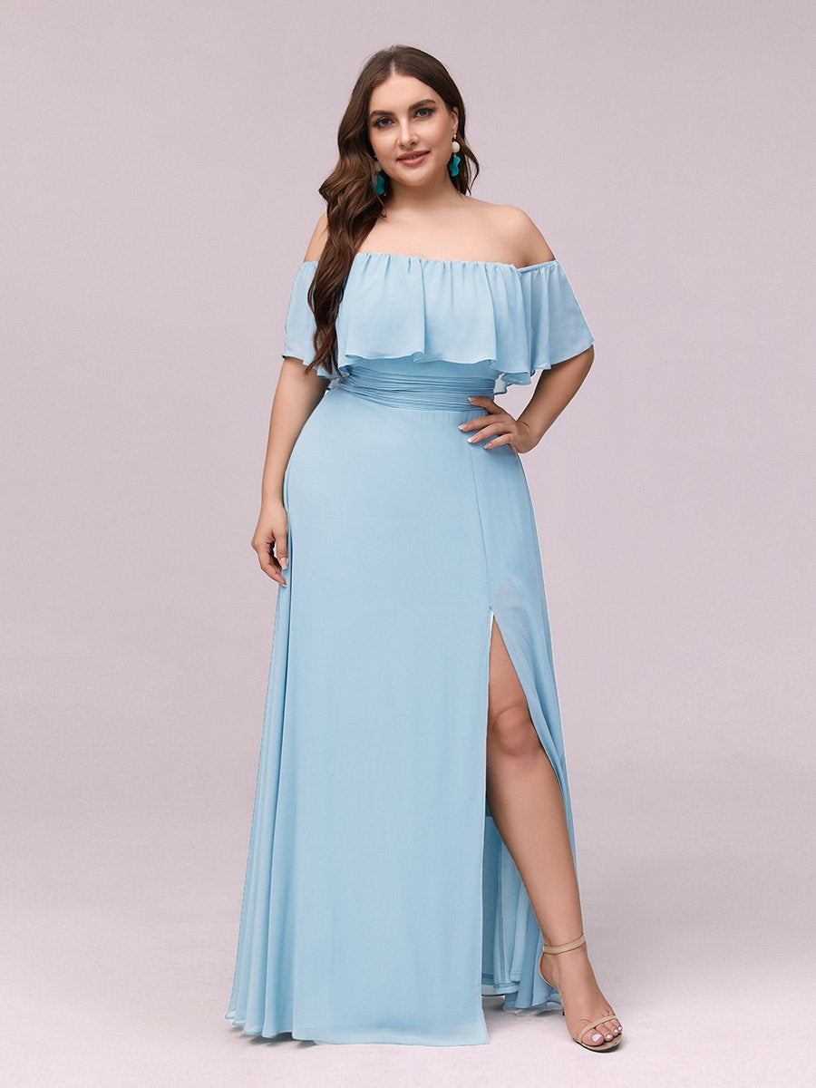 Color=Sky Blue | Women'S A-Line Off Shoulder Ruffle Thigh Split Bridesmaid Dress-Sky Blue 6