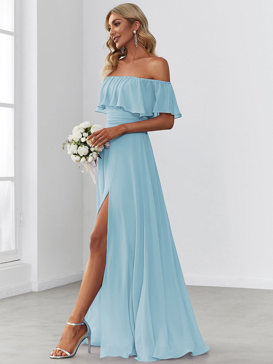 Color=Sky Blue | A-Line Off Shoulder Ruffle Thigh Split Bridesmaid Dress-Sky Blue 3