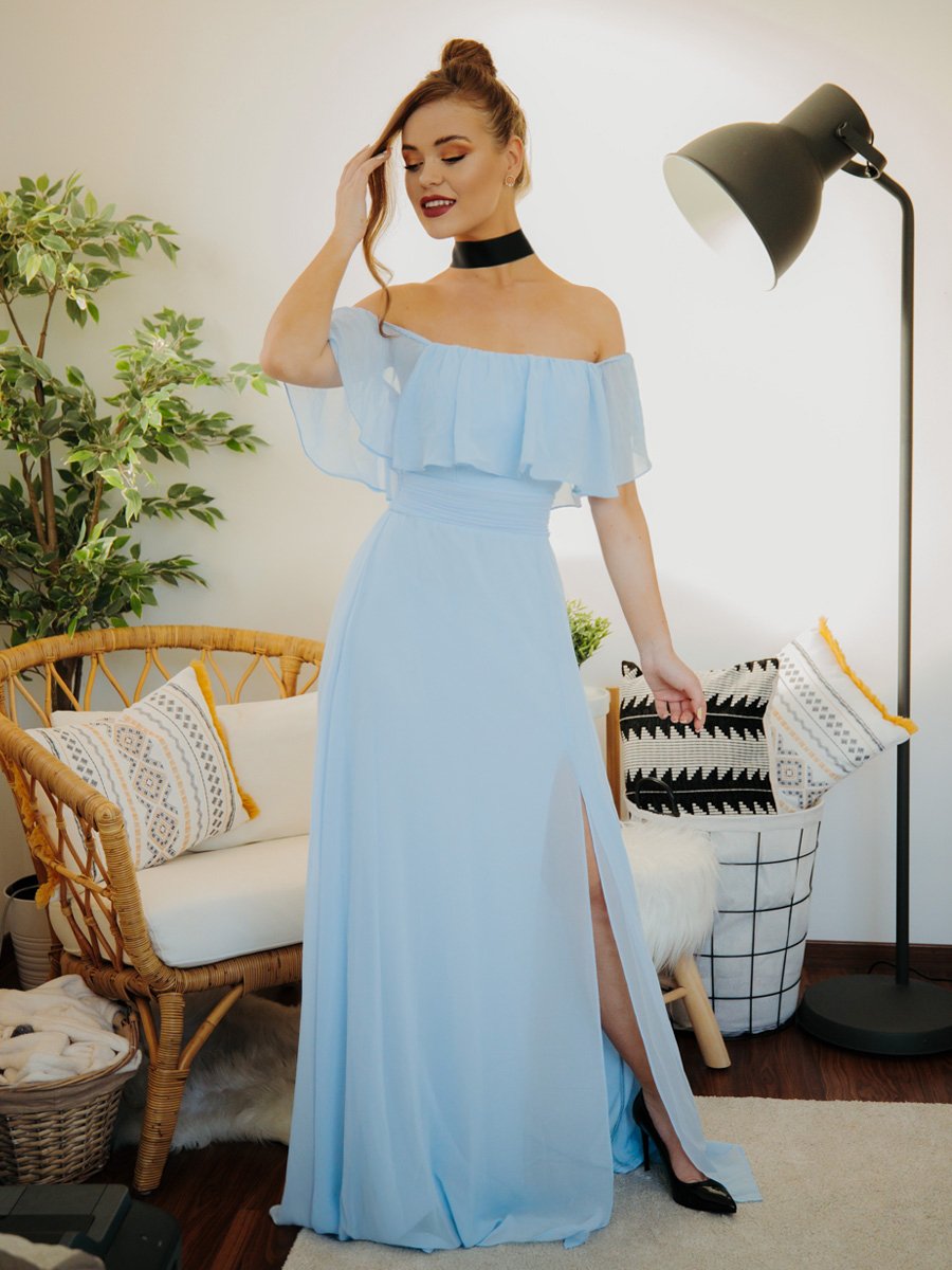 Color=Sky Blue | Women'S A-Line Off Shoulder Ruffle Thigh Split Bridesmaid Dress-Sky Blue 2