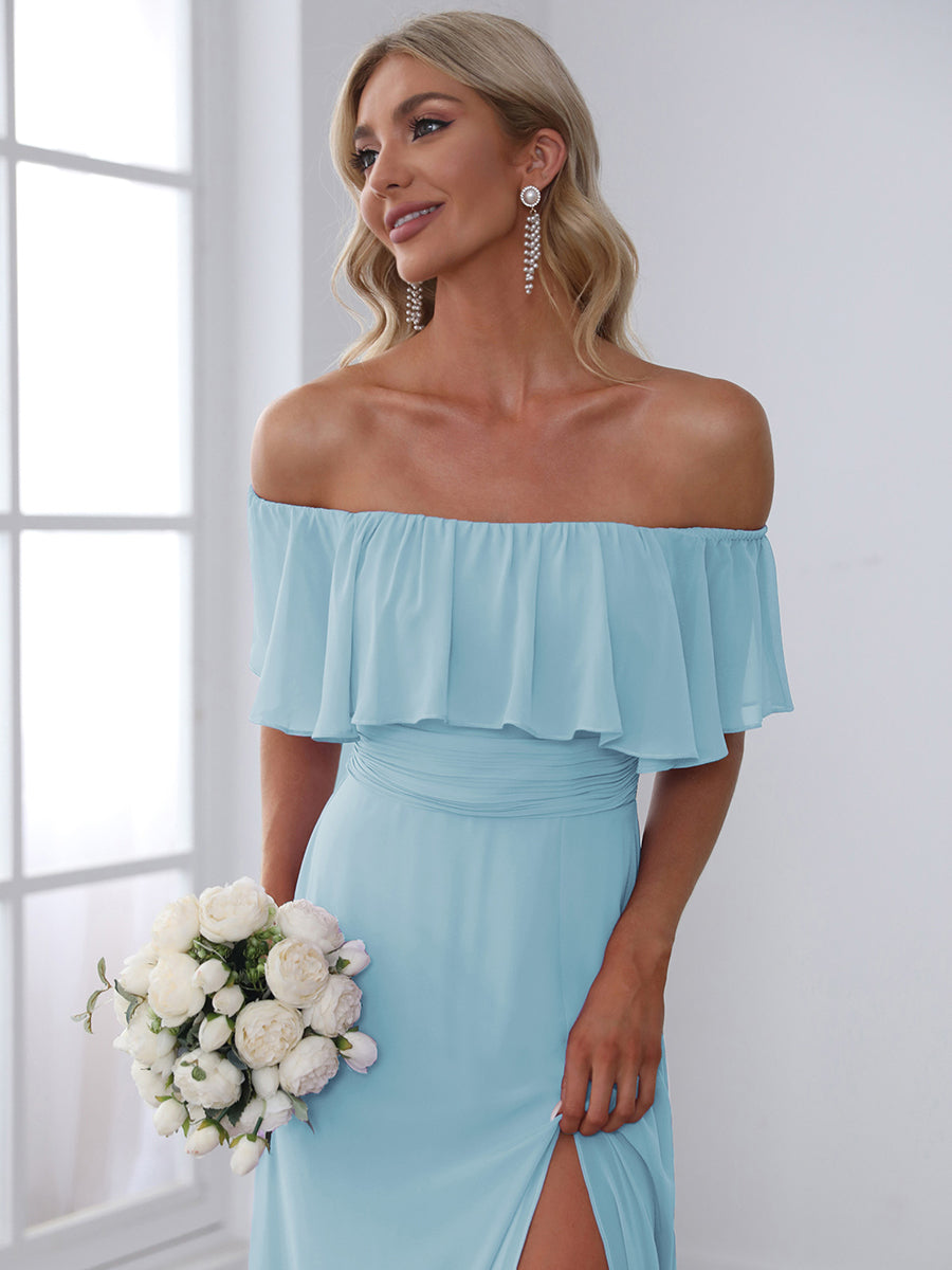 Color=Sky Blue | A-Line Off Shoulder Ruffle Thigh Split Bridesmaid Dress-Sky Blue 4