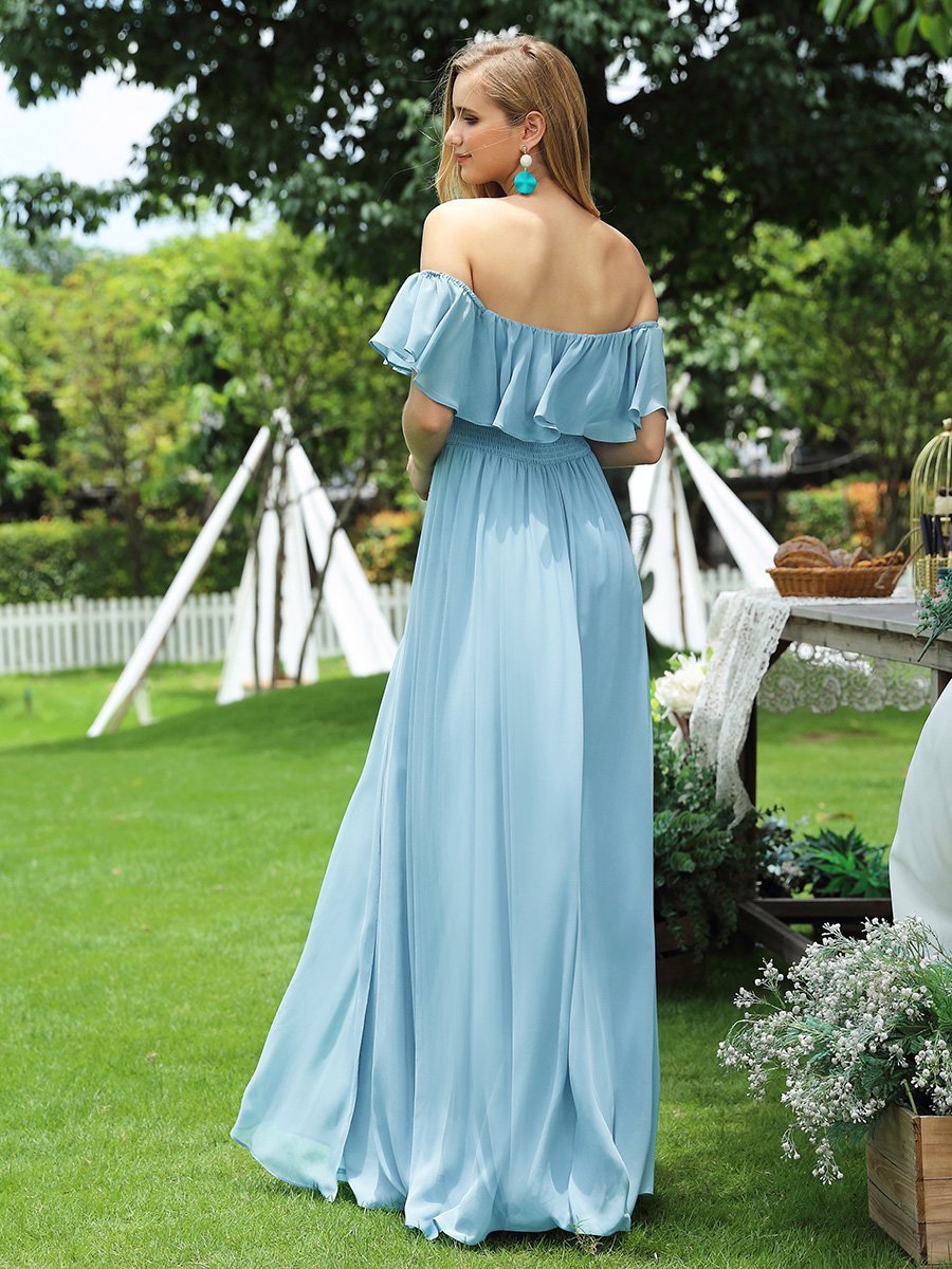 Color=Sky Blue | Women'S A-Line Off Shoulder Ruffle Thigh Split Bridesmaid Dress-Sky Blue 5